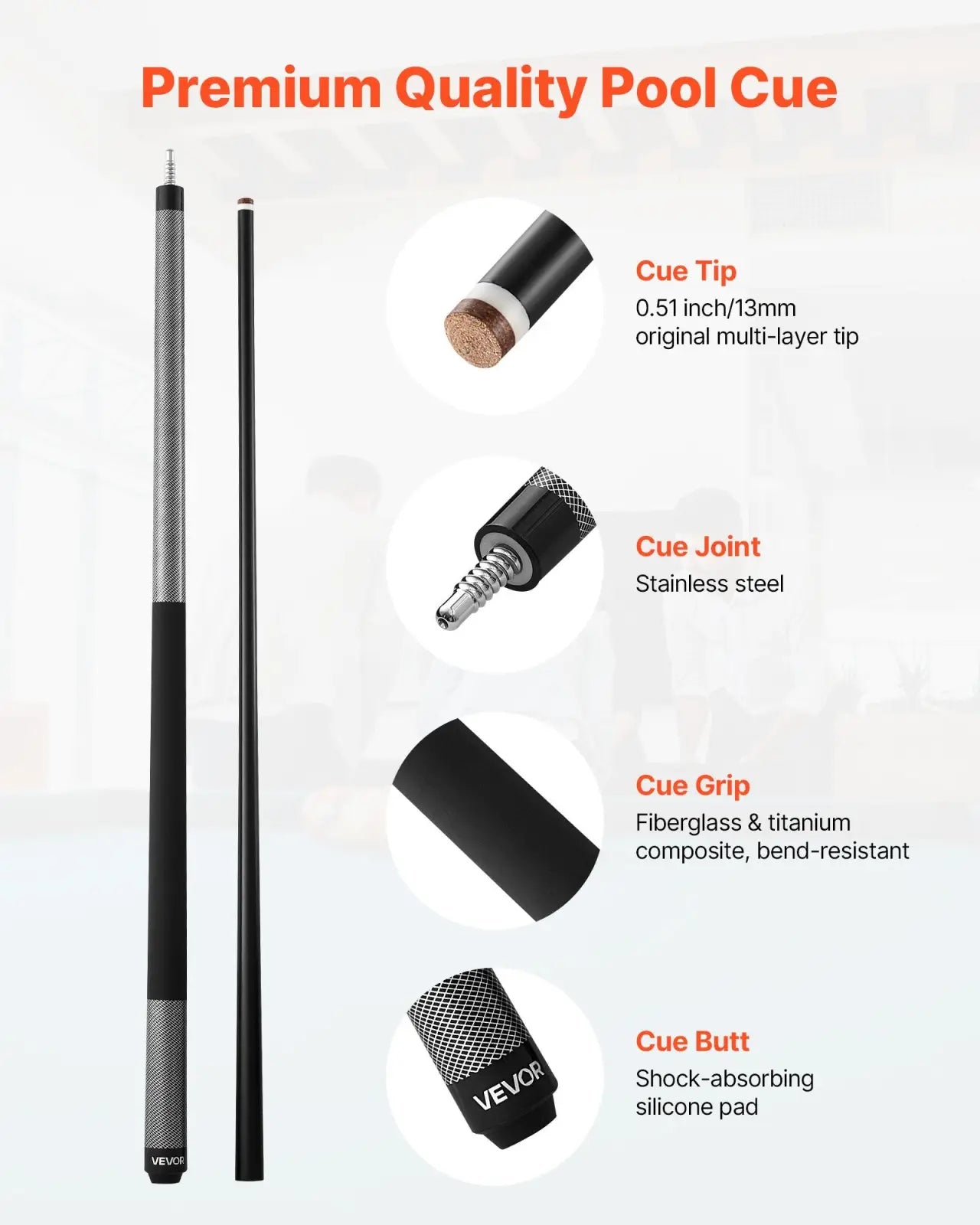 Black and silver vevoor 58 inch pool cue with multi-layer tip stainless steel joint and titanium composite grip