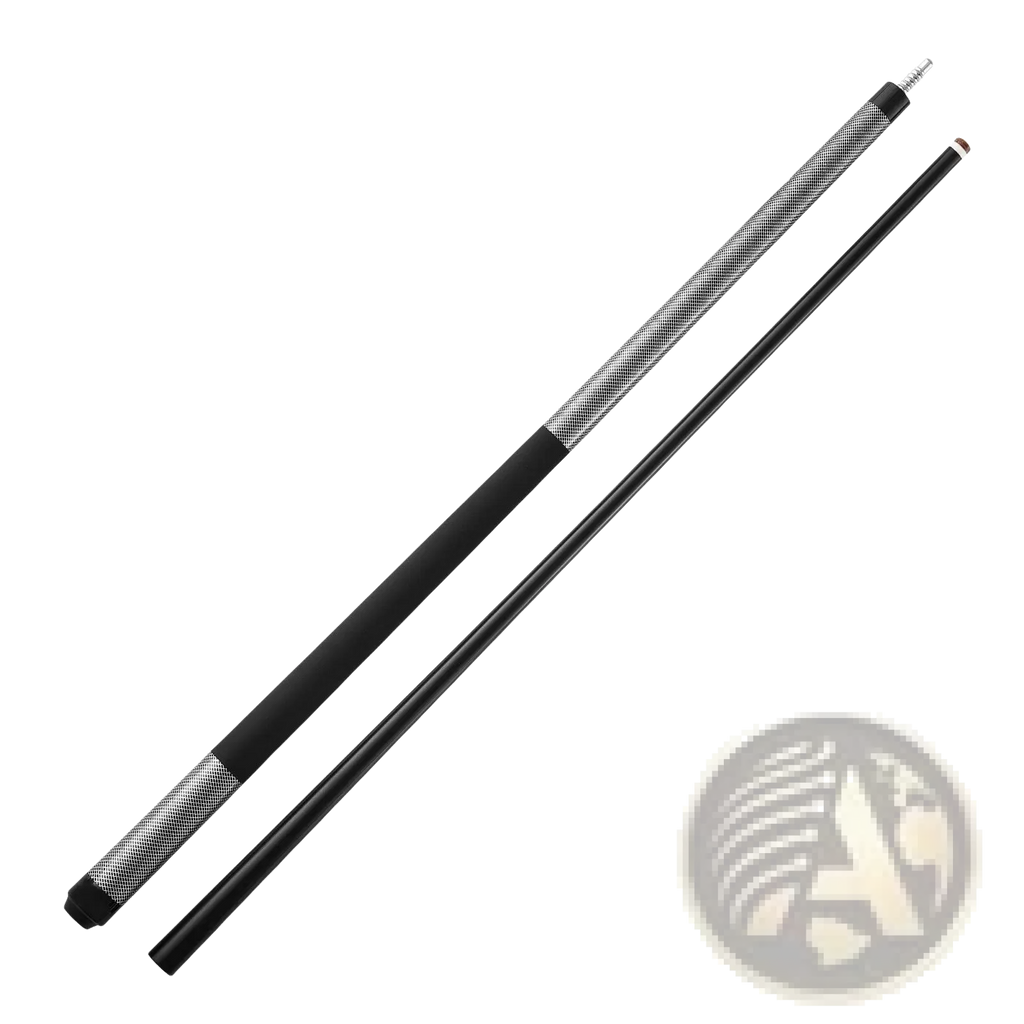 Black pool cue with silver textured grip and matte finish shaft made of fiberglass titanium composite, 58 inch length