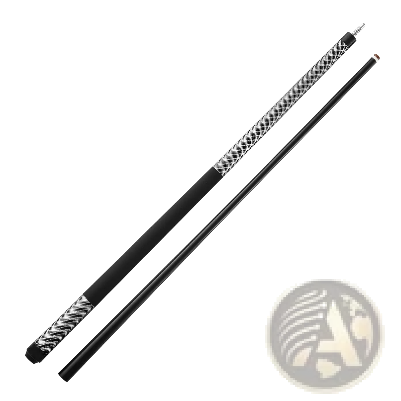 Black pool cue with silver textured grip and matte finish shaft made of fiberglass titanium composite, 58 inch length