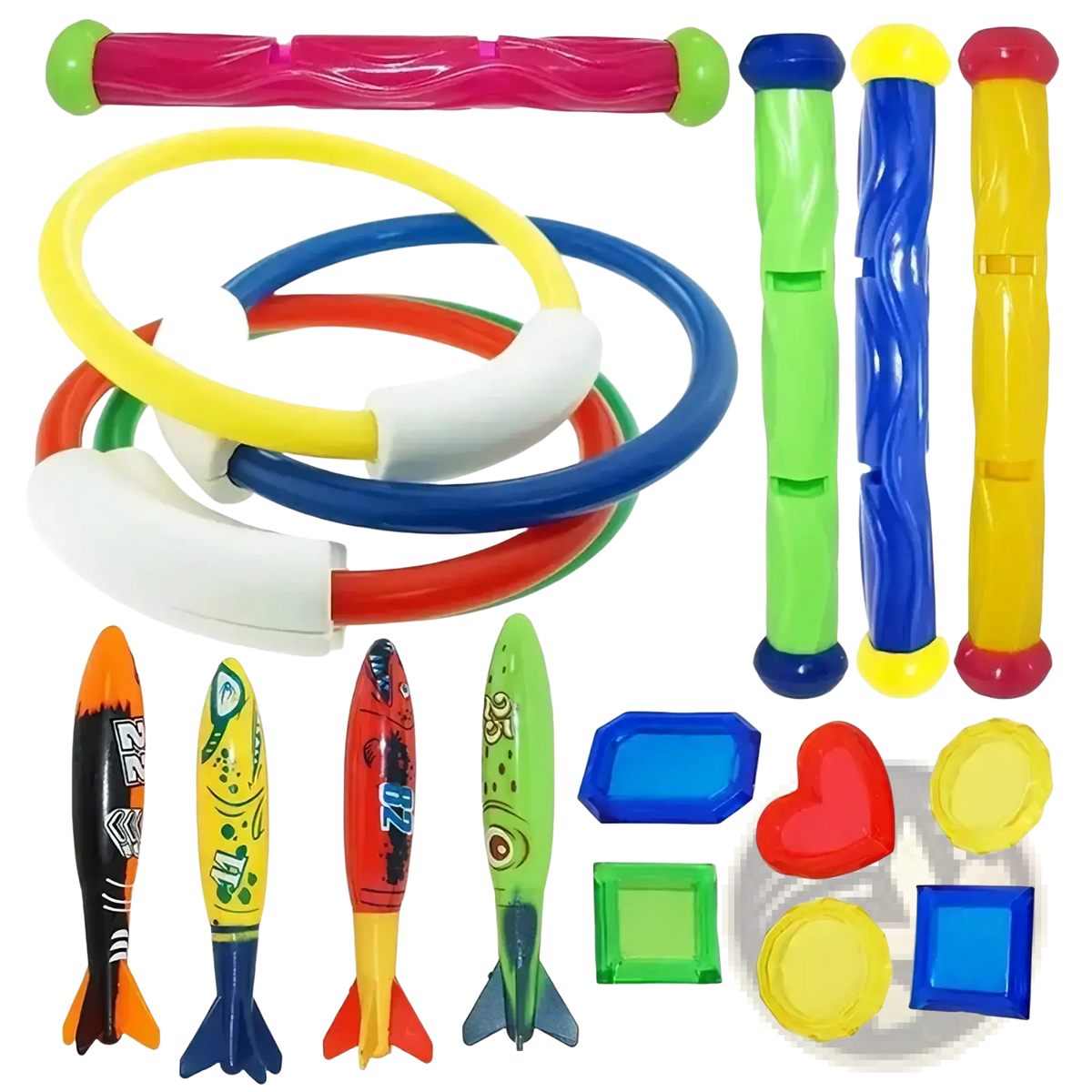 Brightly colored plastic pool dive toys training accessories set including rocket launchers rings and various floats