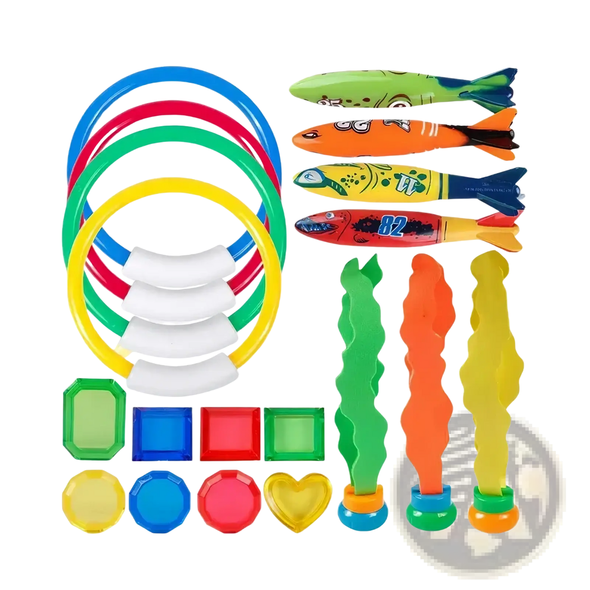 Colorful plastic pool dive toys training accessories set with blue red green and yellow swim rings with white cushions
