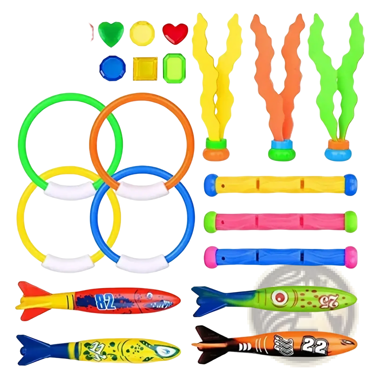 A colorful set of 22-piece plastic pool dive toys with rocket launchers and foam seaweed for training and fun