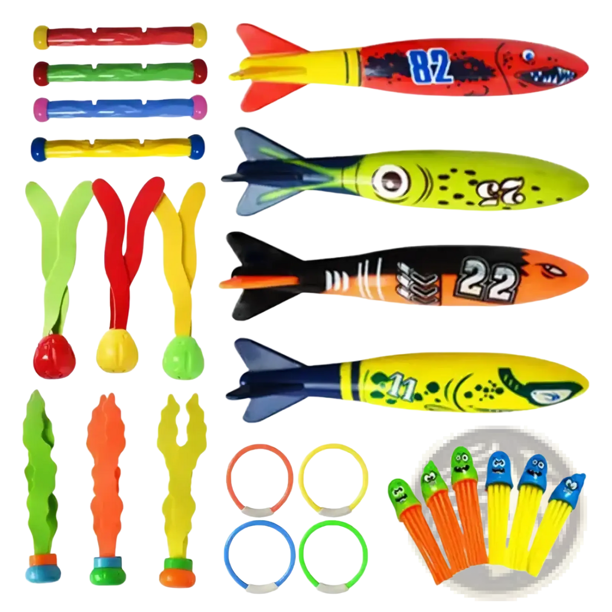 A set of colorful cartoonish water rocket toys with vibrant numbered designs for pool dive toys training accessories