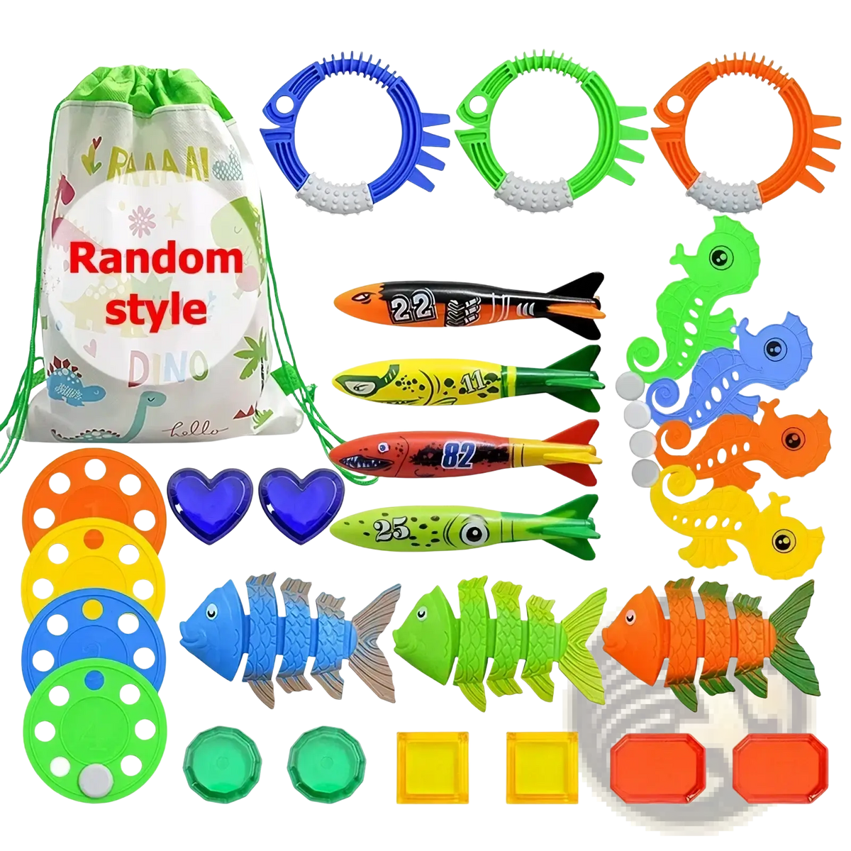 Colorful plastic fish-shaped pool dive toys in blue green orange and yellow for training and accessories set