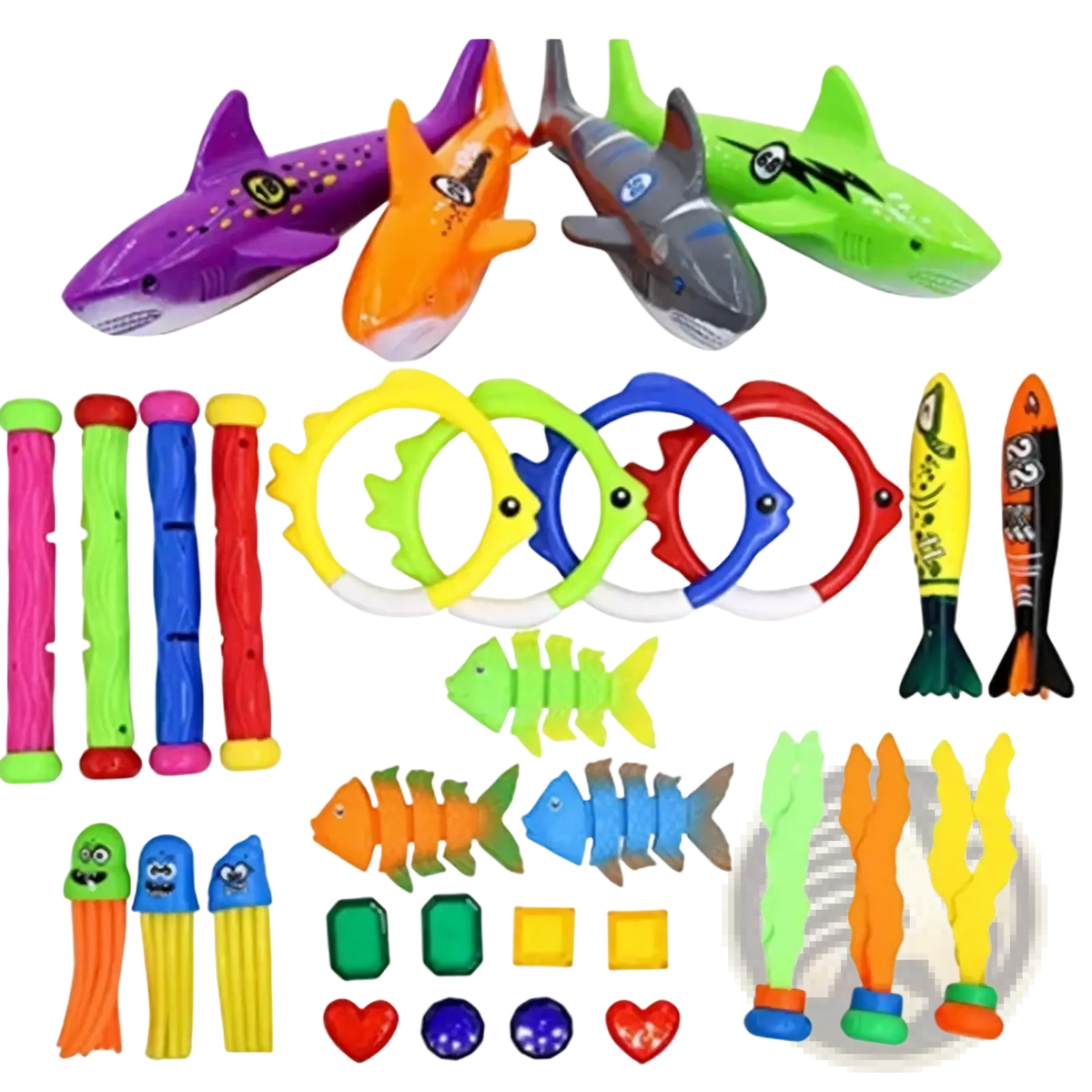 A vibrant set of inflatable pool dive toys featuring colorful sharks rings and aquatic-themed training accessories