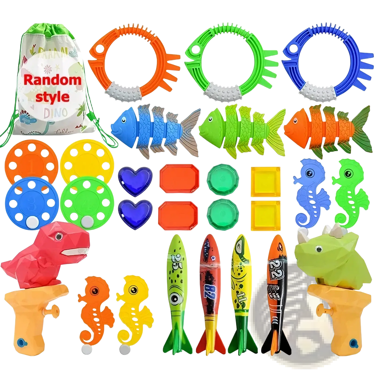 Brightly colored plastic pool dive toys set featuring fish seahorses and rocket-shaped splashers for training use