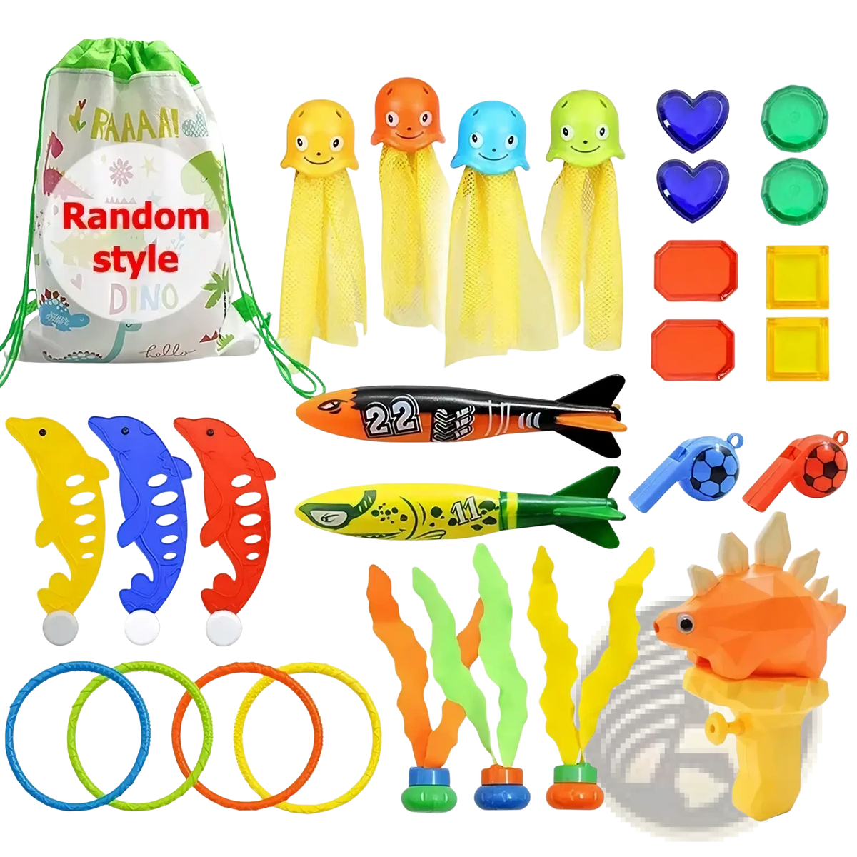 The pool dive toys training accessories set features colorful plastic water toys in a green drawstring bag with dinosaur print