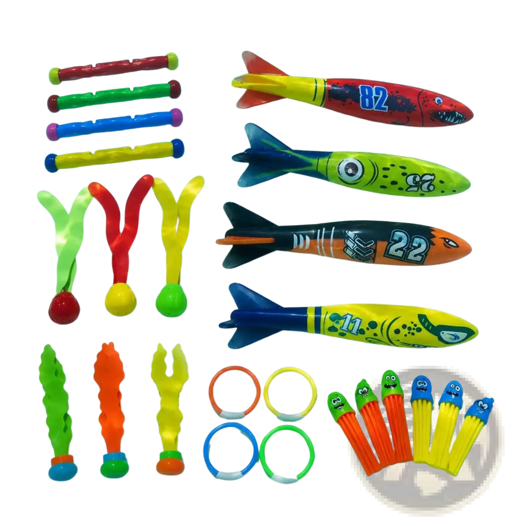 Colorful plastic pool dive toys training accessories set with fish shaped rockets and assorted nozzles
