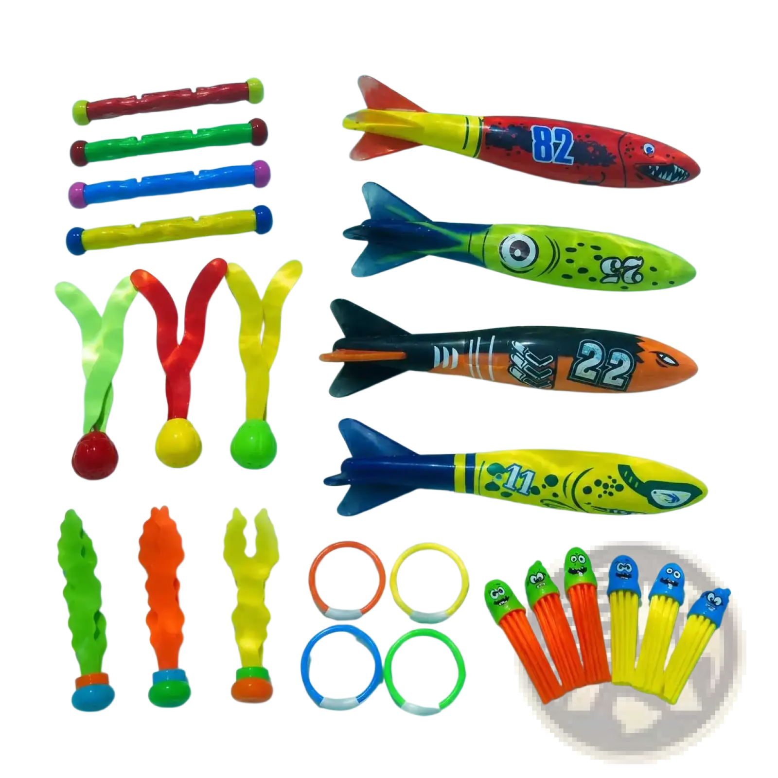 Colorful plastic pool dive toys training accessories set with fish shaped rockets and assorted nozzles