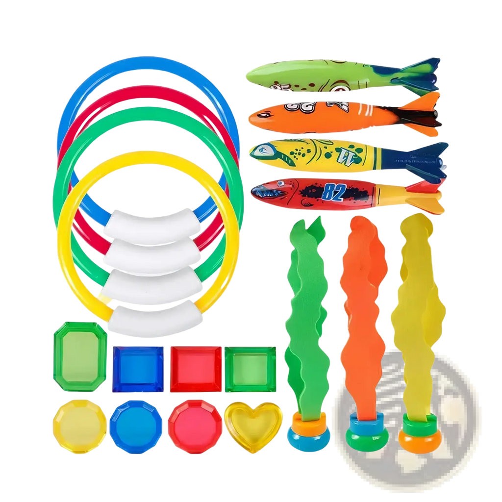 Colorful plastic pool dive toys set featuring rings fish-shaped projectiles and assorted translucent and opaque shapes