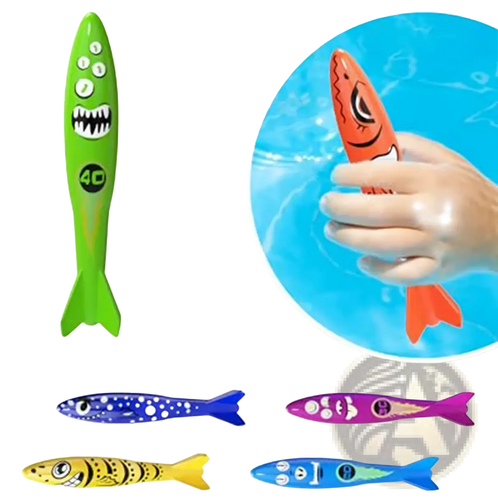 Green plastic fish-shaped water toy with white eyes and teeth marked 4d in pool dive toys training