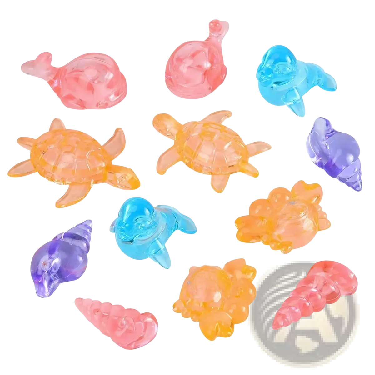Colorful translucent plastic pool dive toys including whales turtles dolphins and seashells in pink blue orange and purple