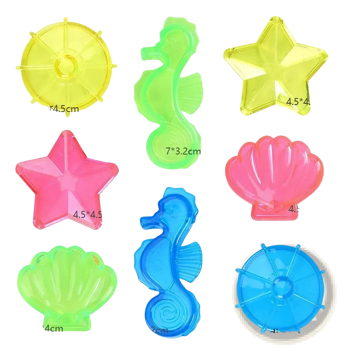 Set of eight translucent plastic neon beach toys shaped like stars seahorses and shells for pool dive training