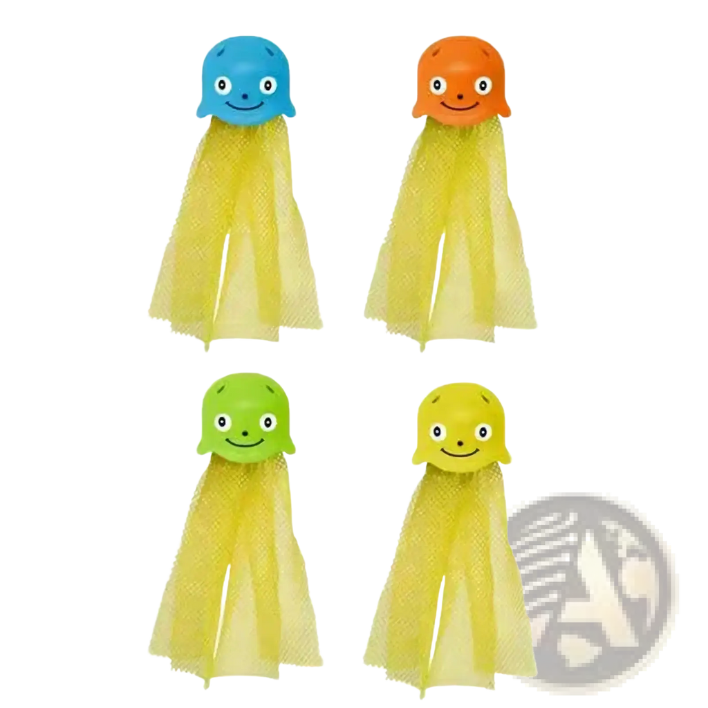 Set of four colorful plastic octopus-shaped pool dive toys with yellow mesh tails for training accessories