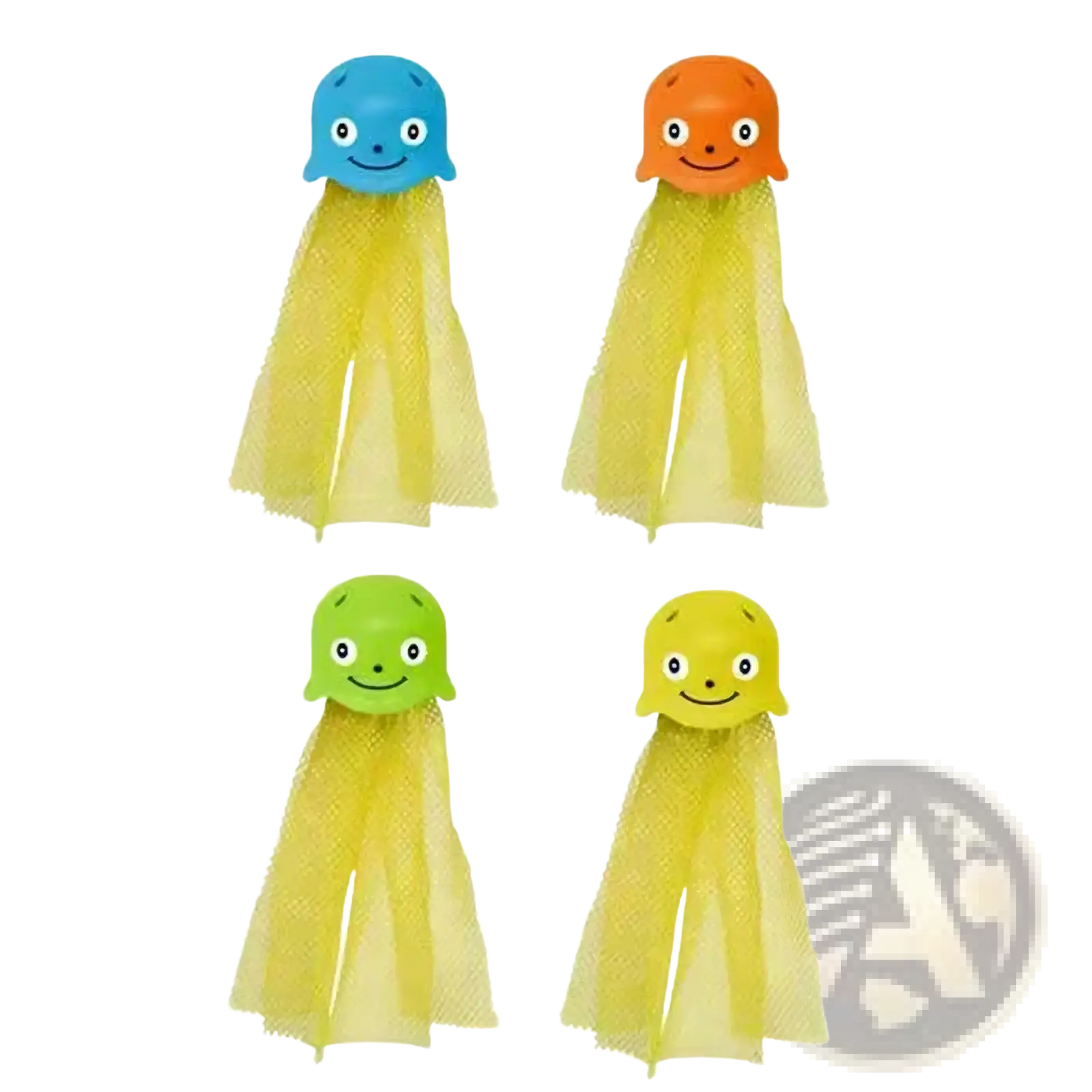 Set of four colorful plastic octopus-shaped pool dive toys with yellow mesh tails for training accessories