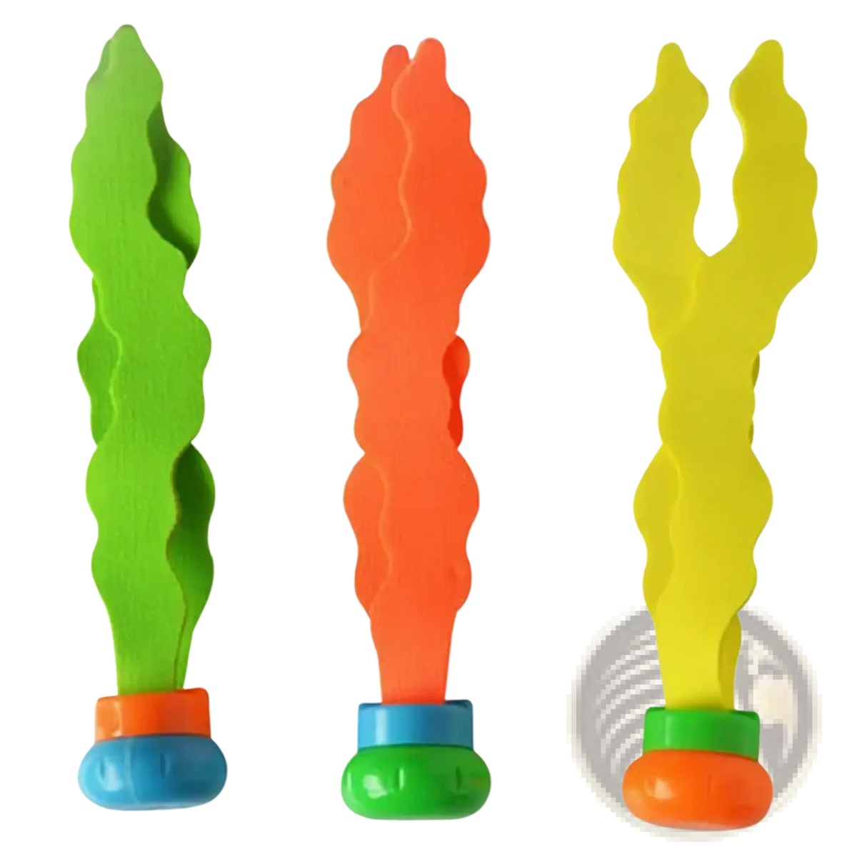 Three brightly colored plastic seaweed-shaped pool dive toys with textured surfaces for underwater training use