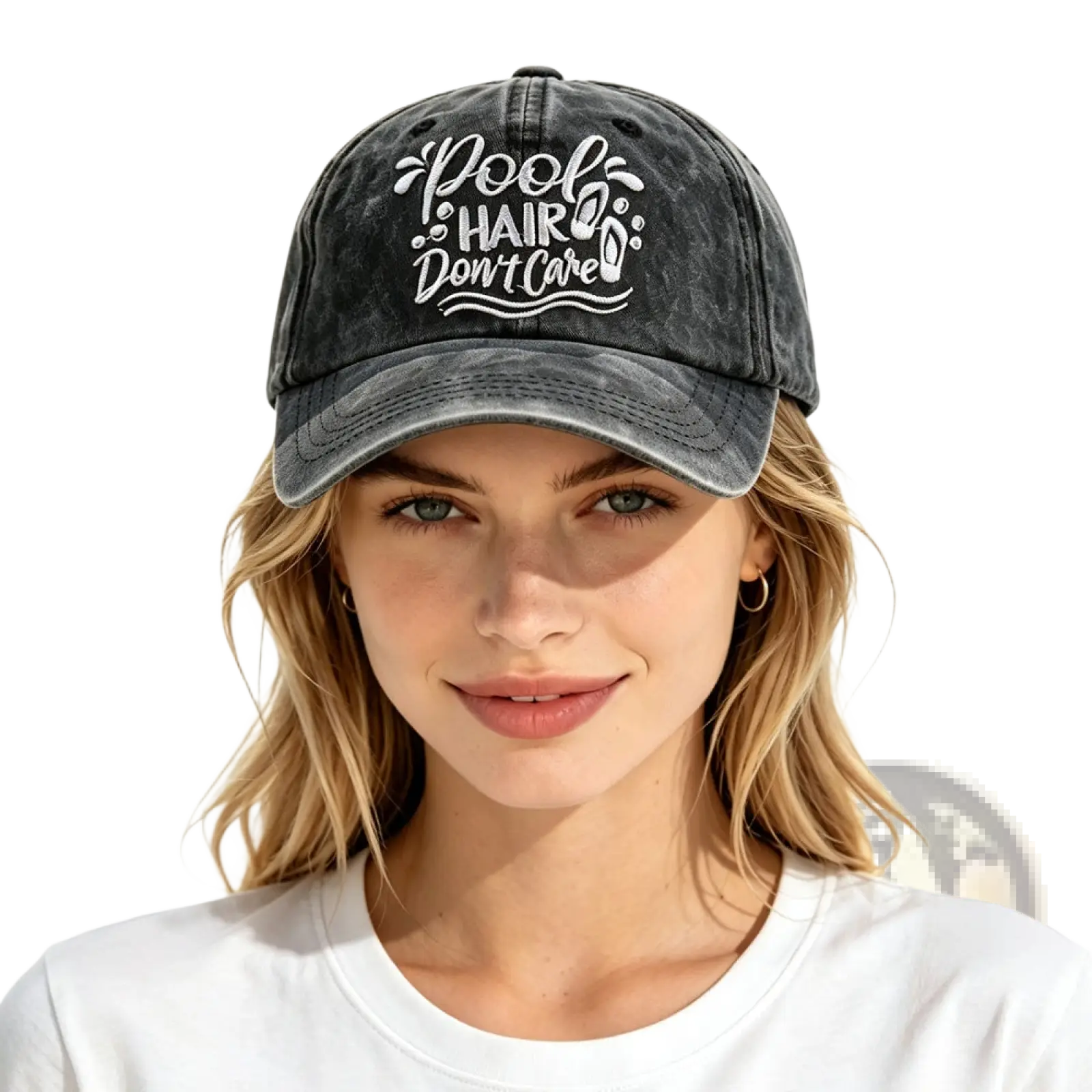 Faded black vintage baseball cap with white embroidered pool hair dont care text and decorative elements