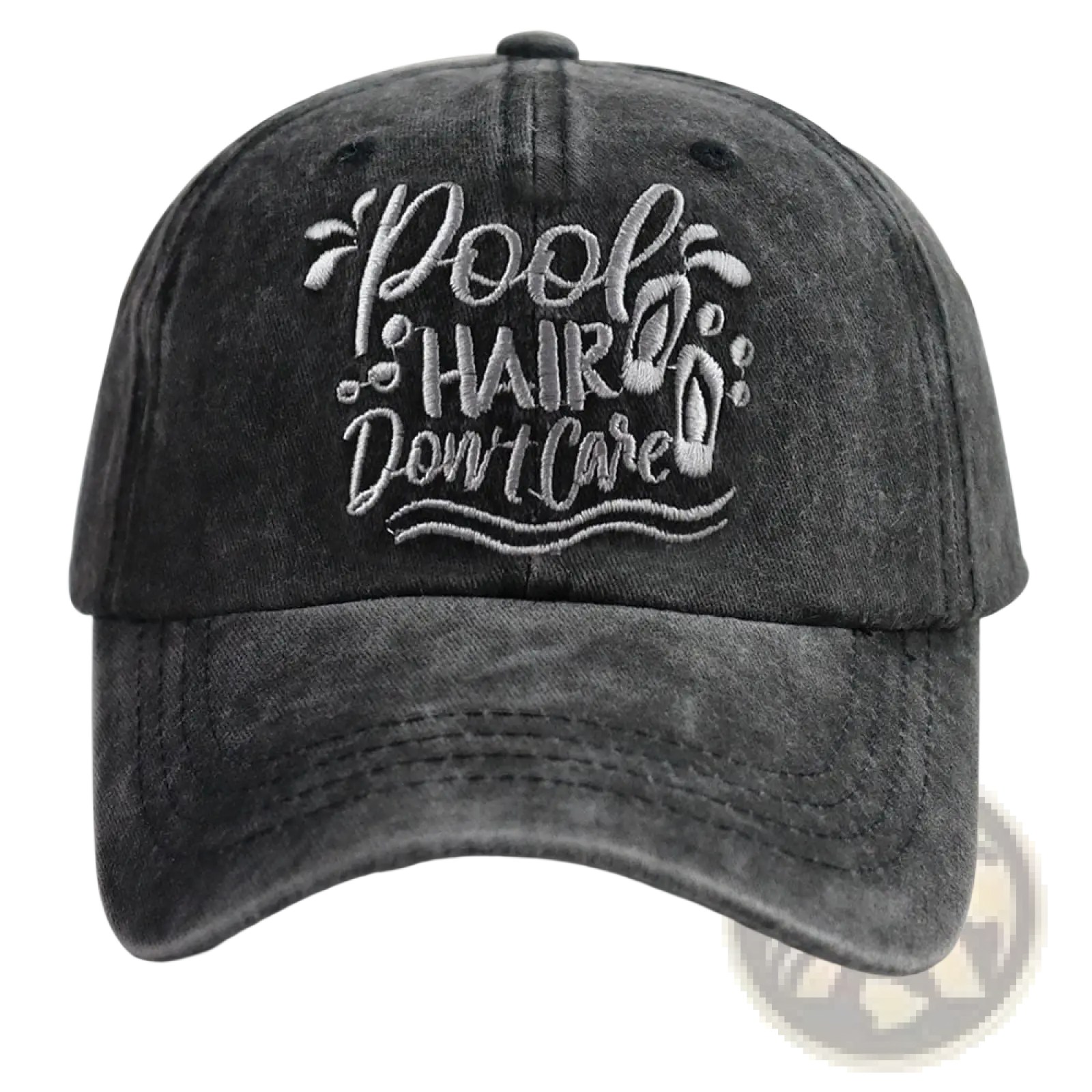 Dark gray distressed cotton baseball cap with embroidered white pool hair dont care text and decorative wave motifs