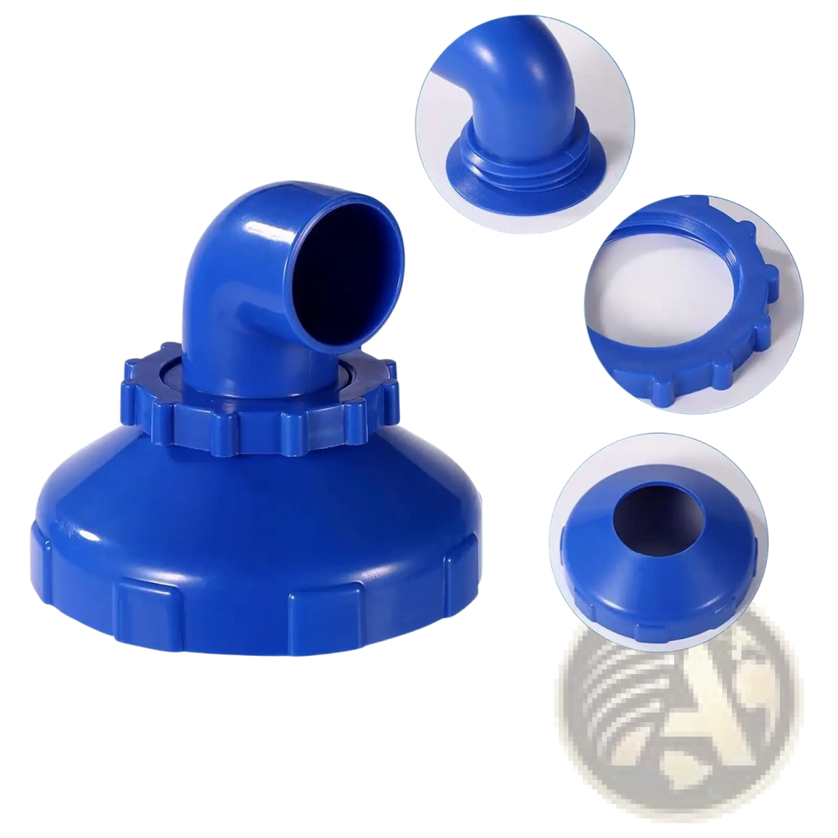 Blue plastic pool jet nozzle 360 rotating water flow adapter with 90-degree bend and textured grip sections shown from back side