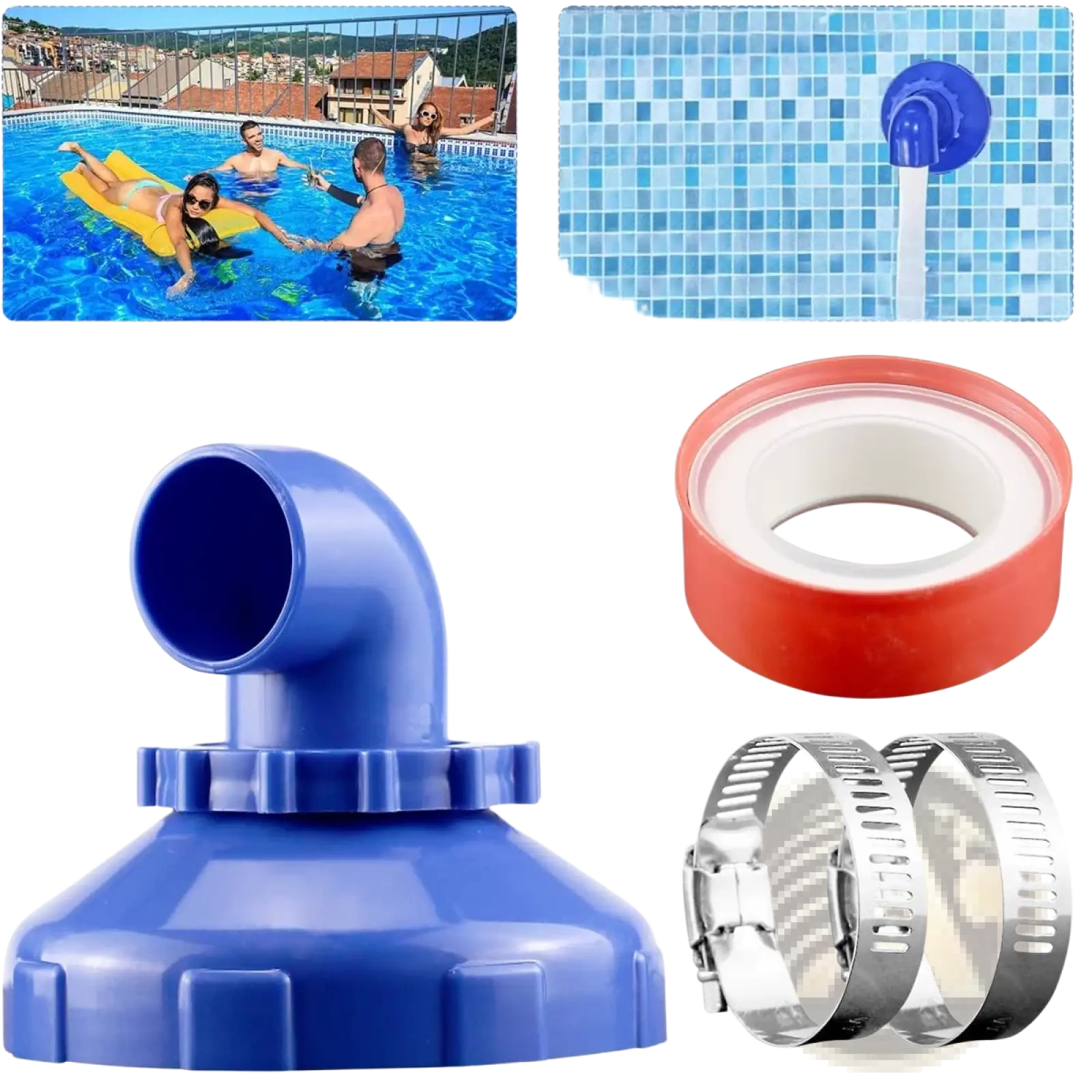 Blue plastic pool jet nozzle 360 rotating water flow adapter with ribbed base and threaded collar inlet side shown