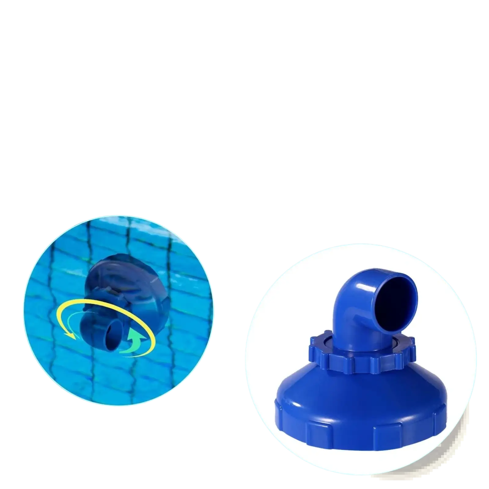 Blue plastic pool jet nozzle 360 rotating water flow adapter with angled pipe attachment for pool cleaning