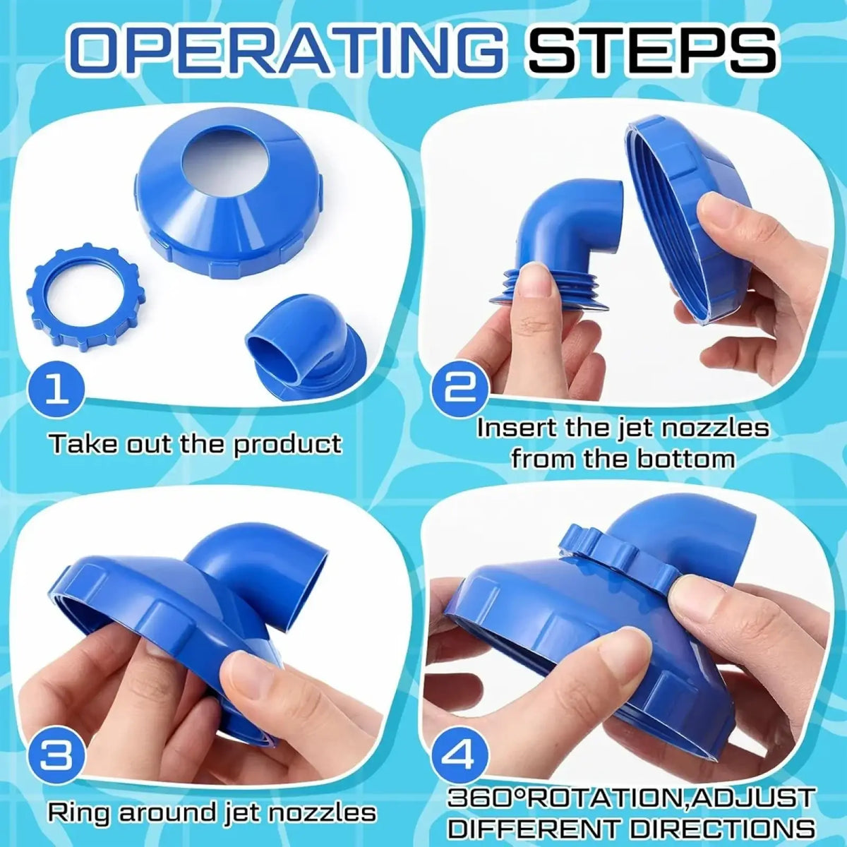 Blue plastic pool jet nozzle 360 rotating water flow adapter with threaded fittings and adjustable cap shown from back side