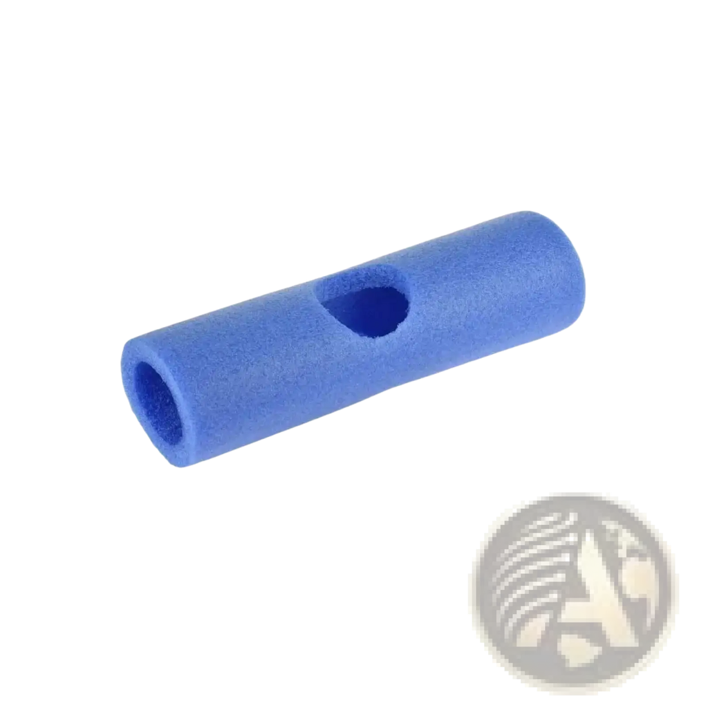 Blue foam pool noodle connector training aid float holder with smooth cylindrical body and single hole for blowing