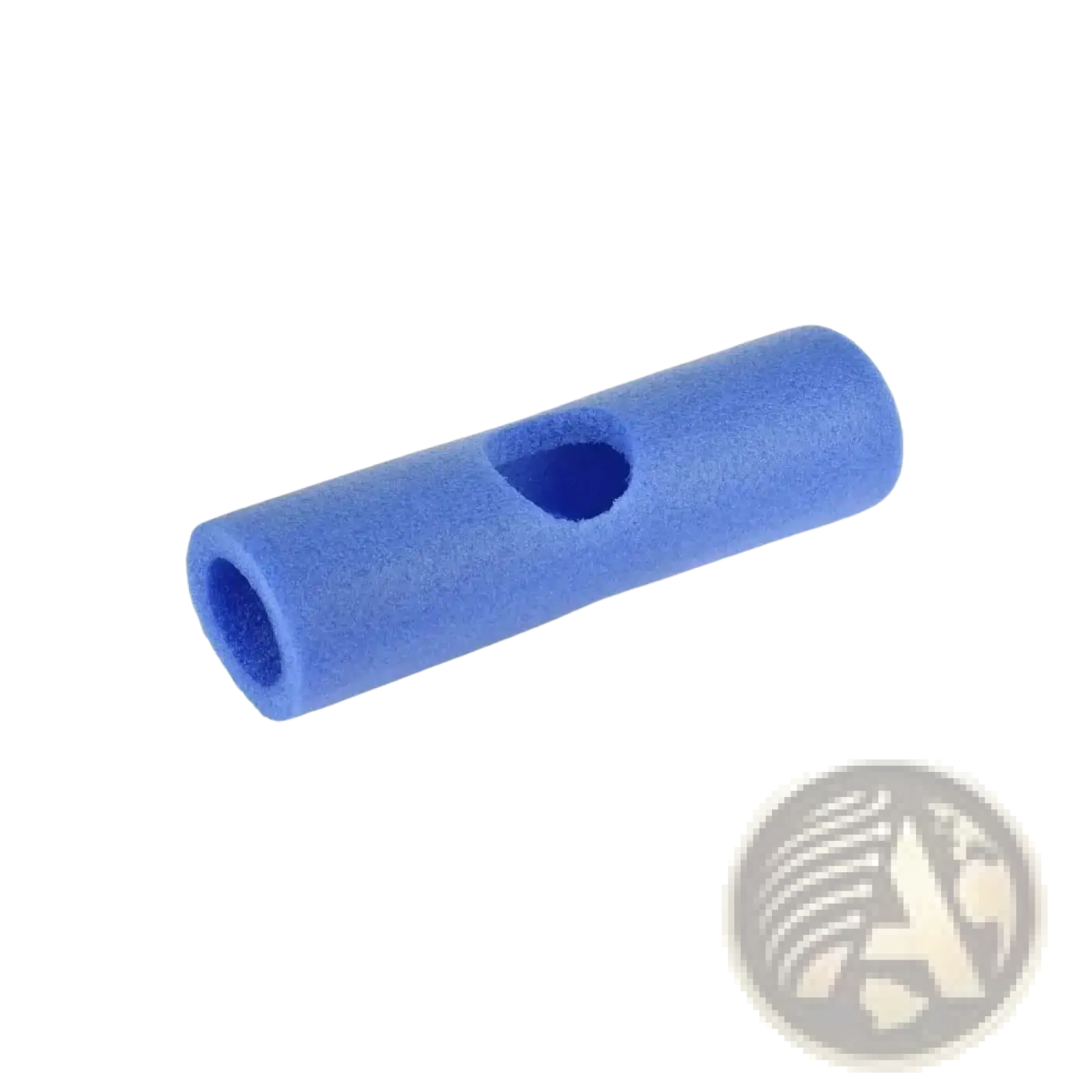 Blue foam pool noodle connector training aid float holder with smooth cylindrical body and single hole for blowing