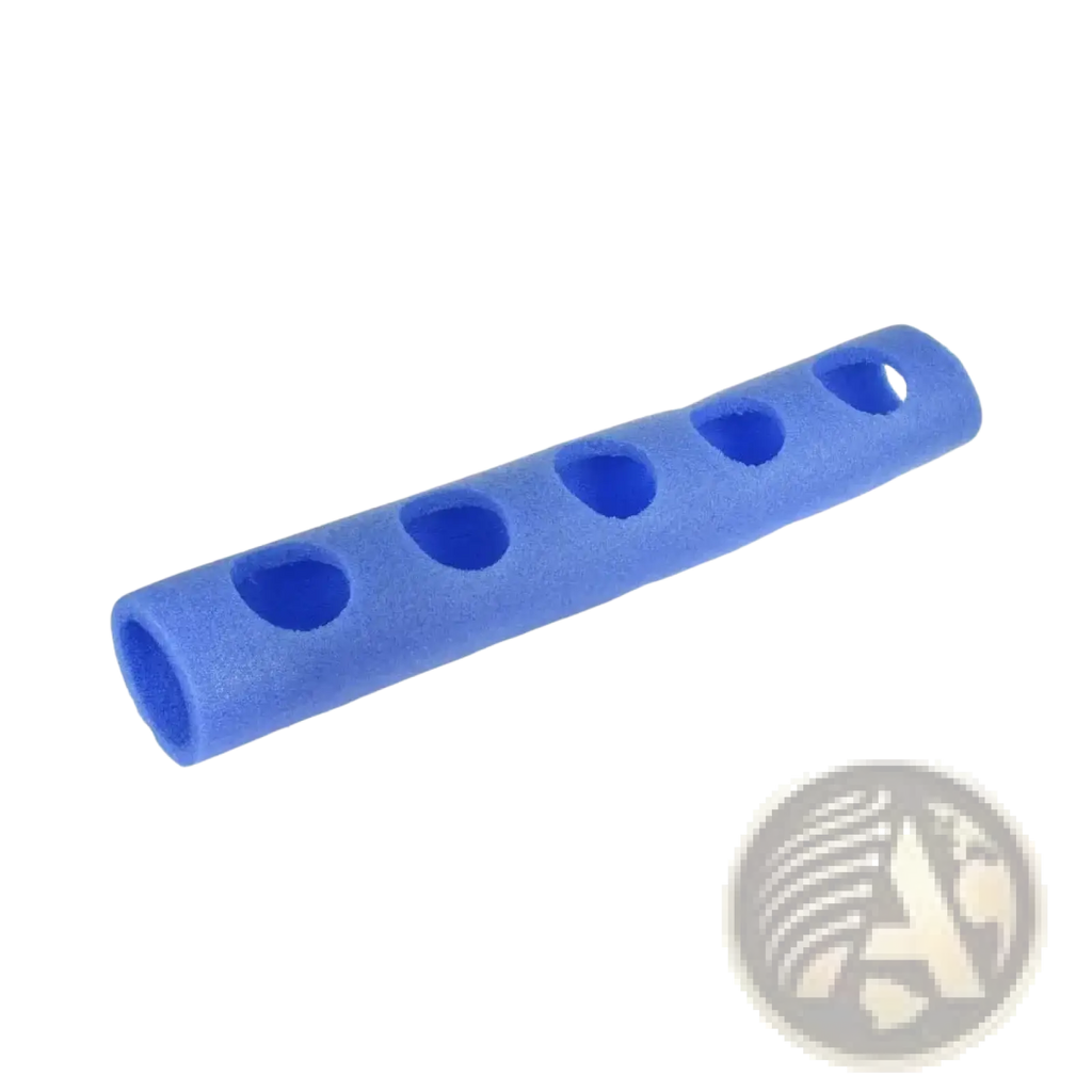 Blue foam pool noodle connector training aid float holder with five evenly spaced circular holes for secure attachment