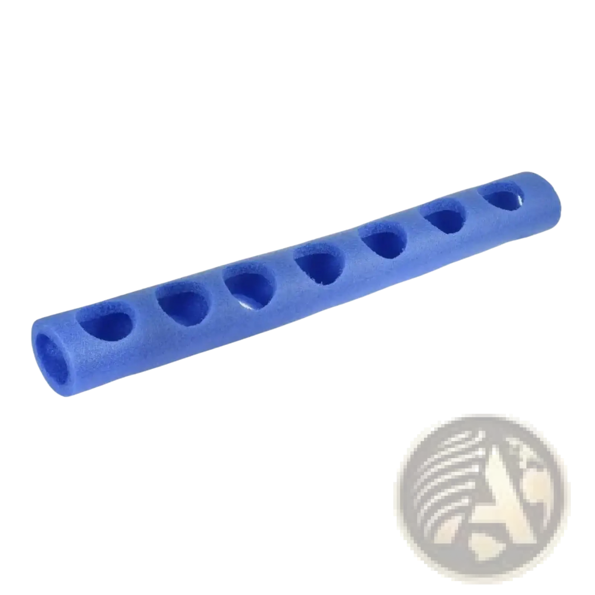 Blue foam pool noodle connector float holder with seven evenly spaced circular holes for training aid use