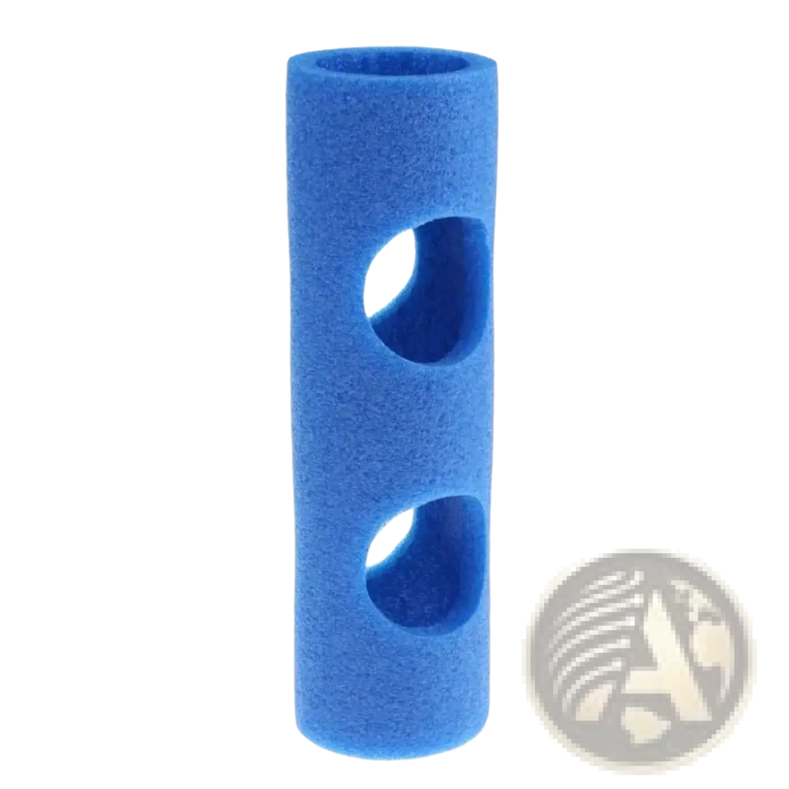 Blue cylindrical foam pool noodle connector with two circular cutouts for training aid float holder use
