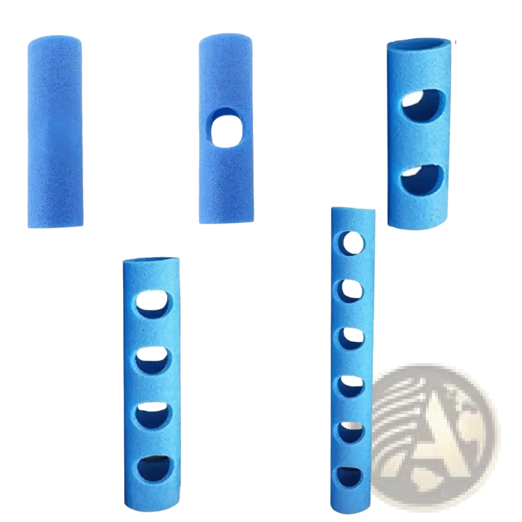 Blue foam pool noodle connector training aid float holder with varying hole patterns and lengths for secure fit