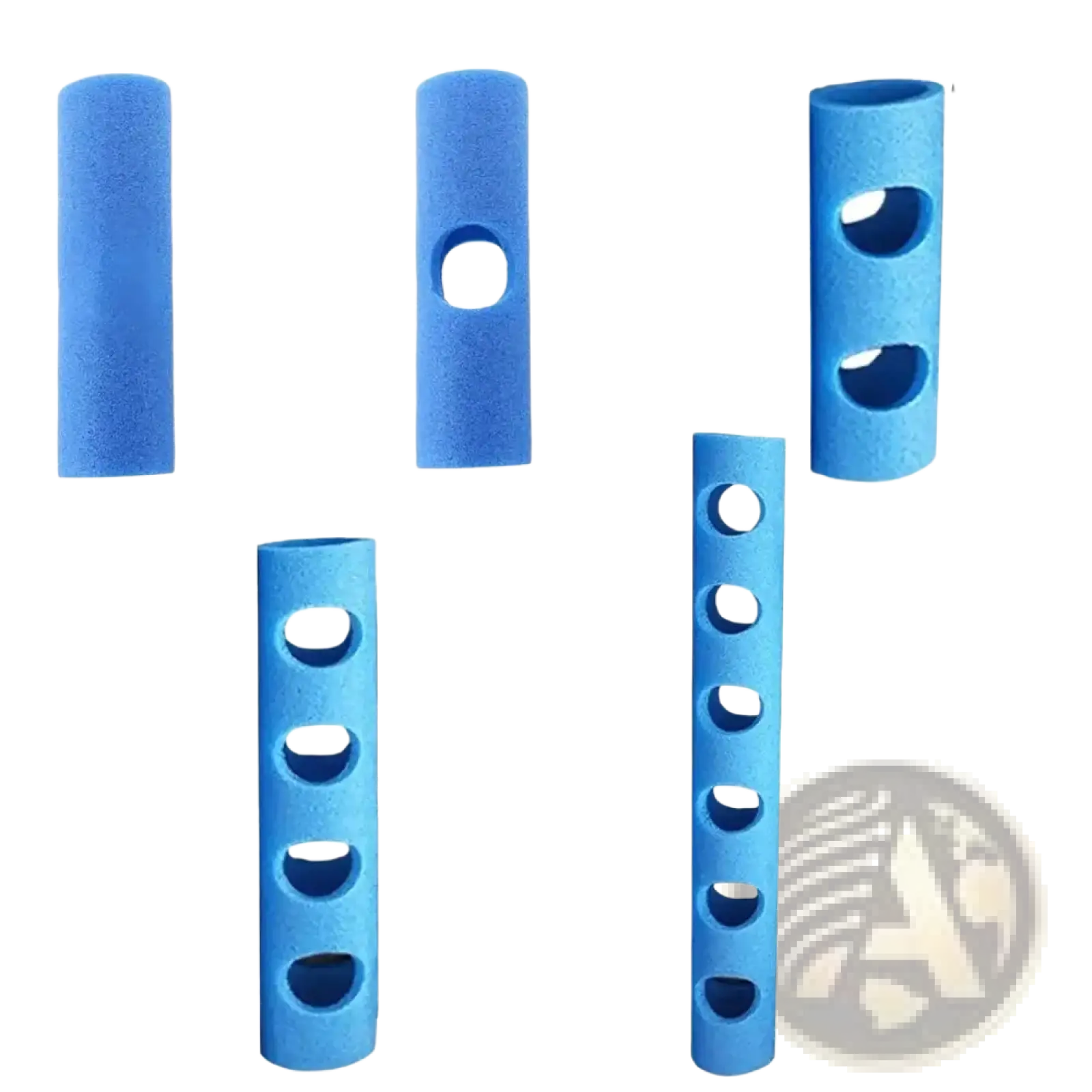 Blue foam pool noodle connector training aid float holder with varying hole patterns and lengths for secure fit