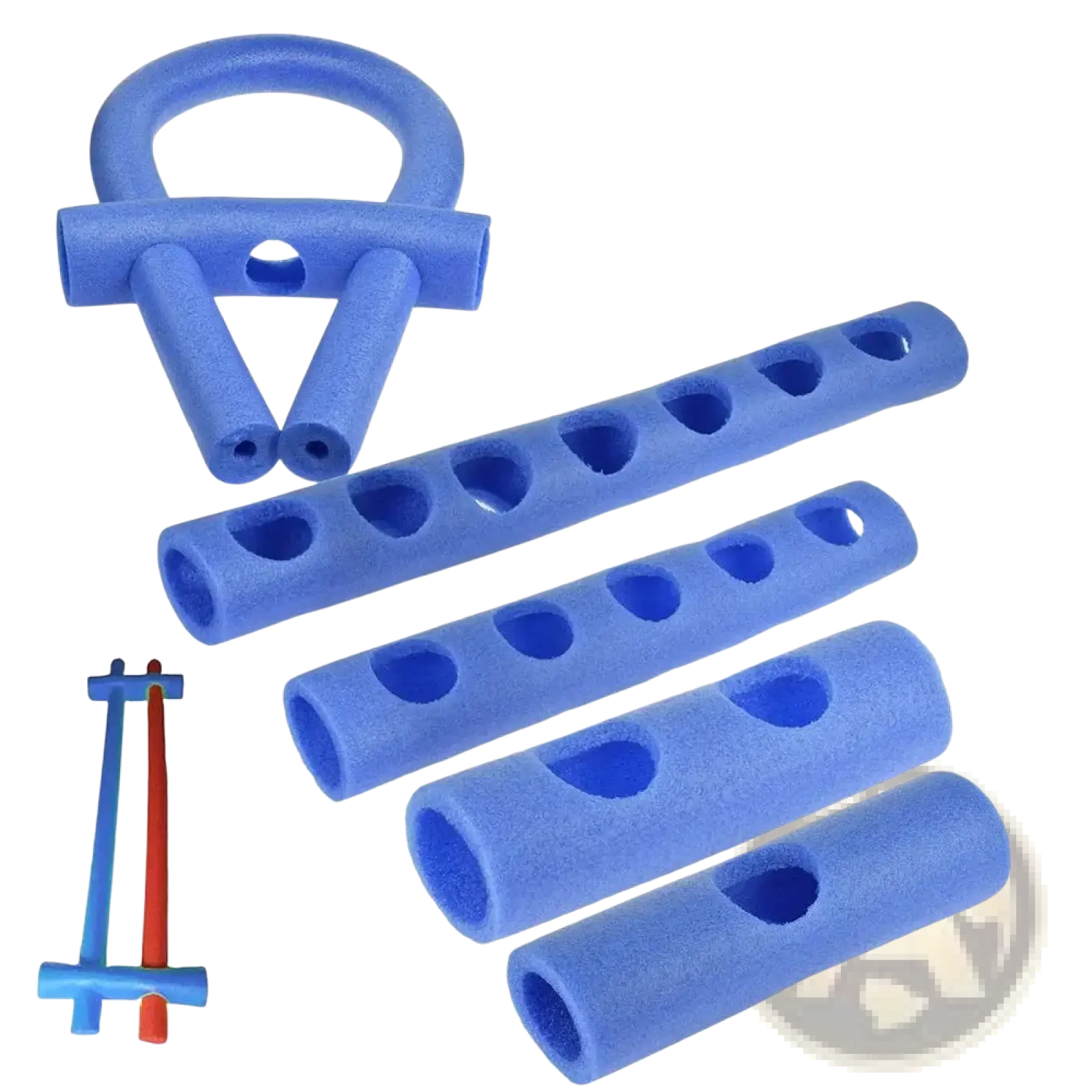 Blue foam pool noodle resistance training set with connectors for float holding and aquatic exercise support