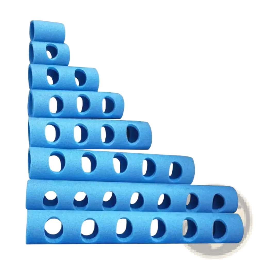 Blue foam pool noodle connector training aid float holder with circular cutouts arranged in a stepped pattern