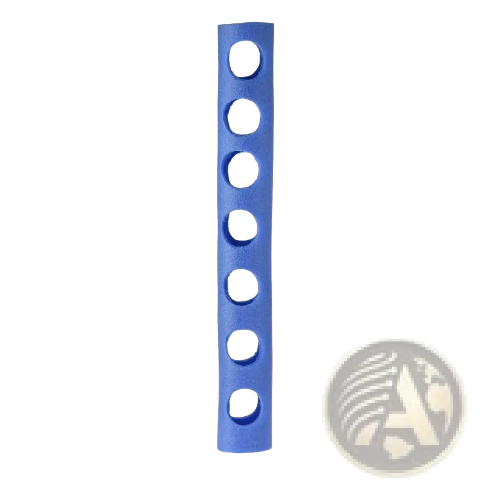 Blue plastic pool noodle connector training aid float holder with six evenly spaced circular holes