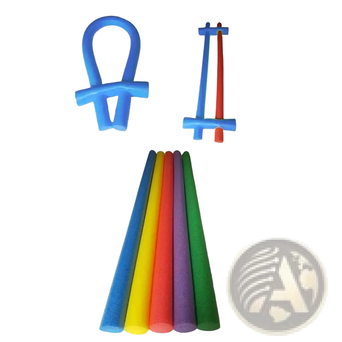 Set of colorful foam pool noodles in blue yellow red purple and green for pool noodle connector training aid float holder