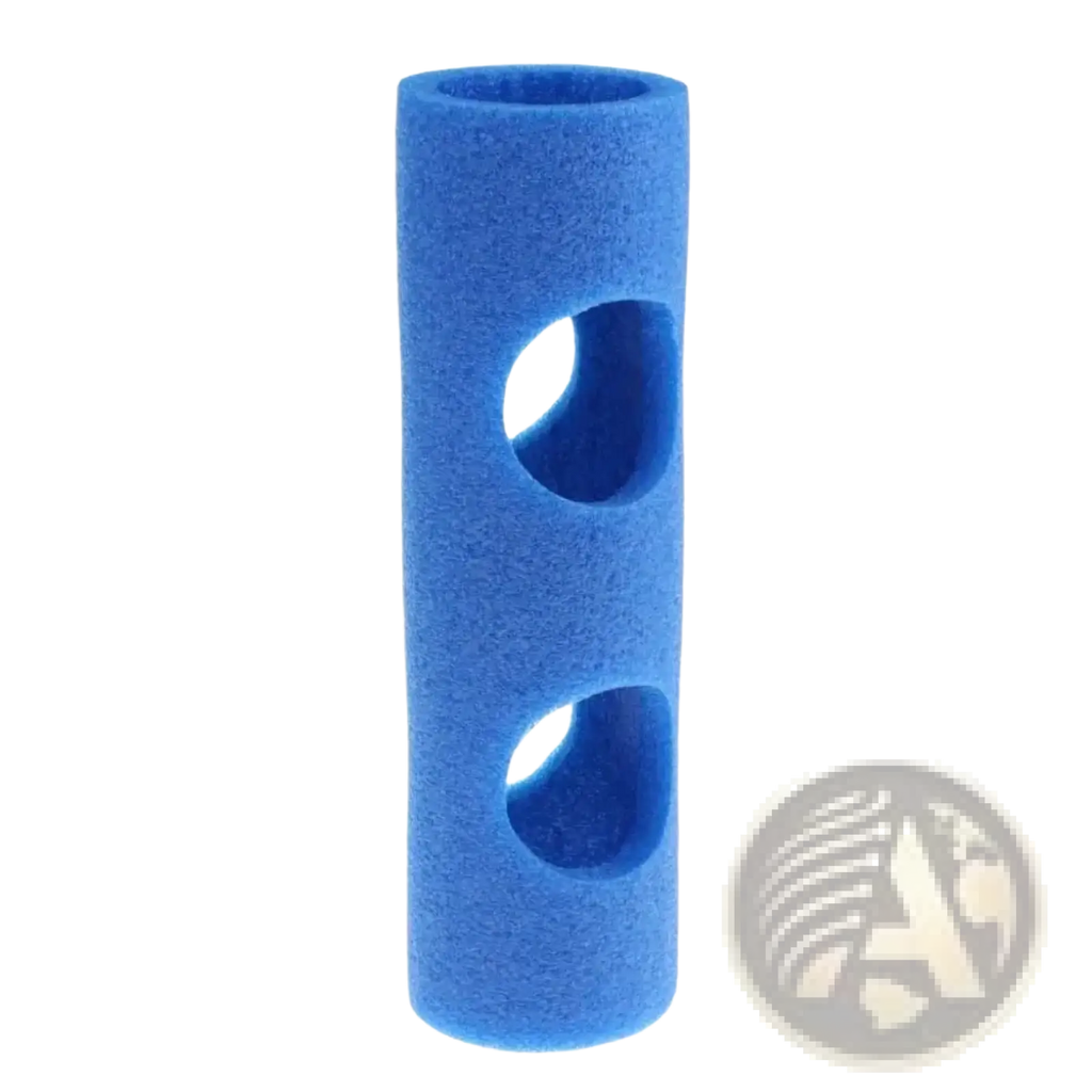 Blue cylindrical foam pool noodle connector with two circular cutouts for swimming training aids