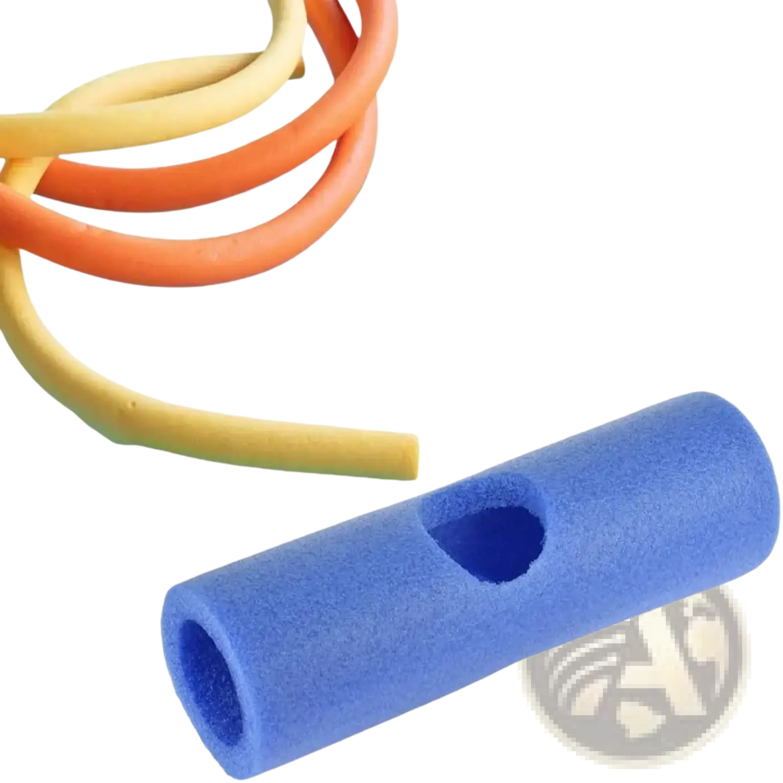Blue foam whistle with circular hole on top designed as a pool noodle connector training aid