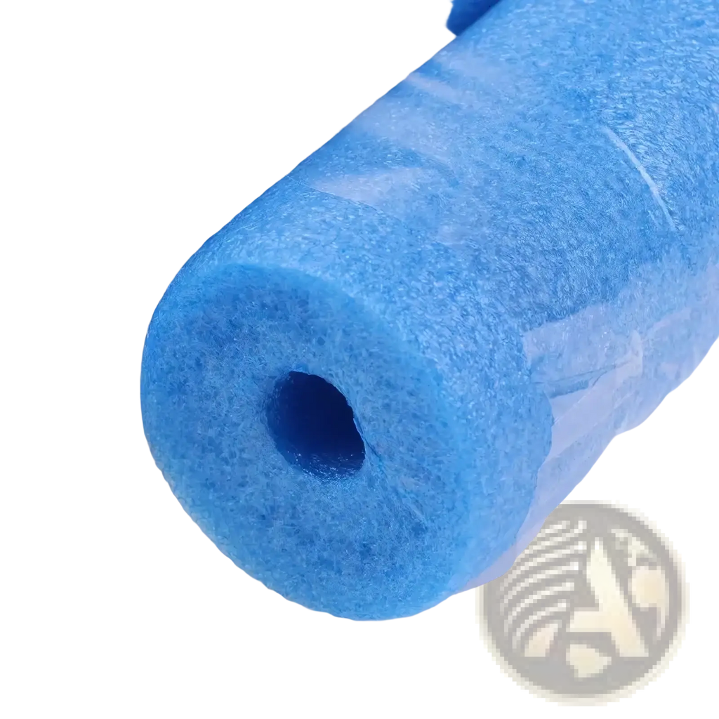 Blue foam pool noodle float aid with hollow center and textured surface for swimming kids safety and fun