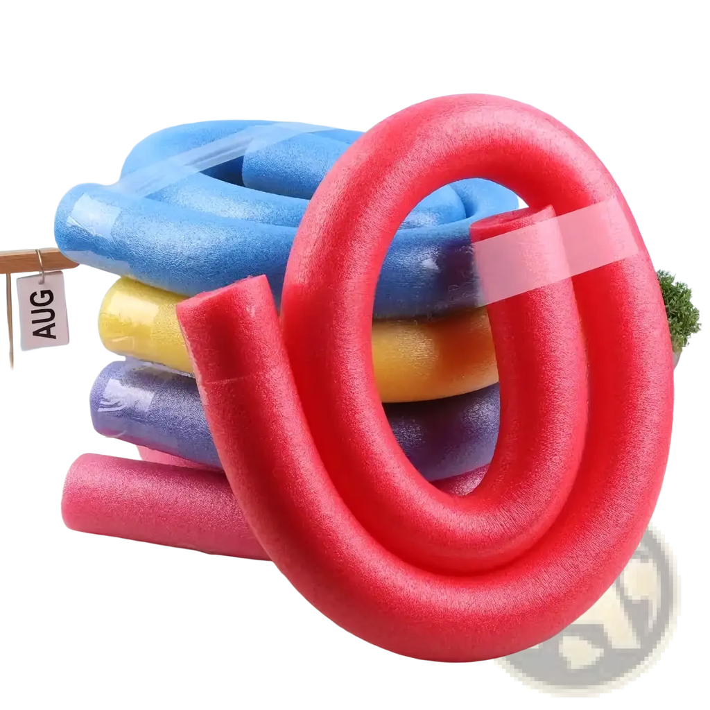Bright red flexible foam pool noodle with textured surface and clear adhesive tape for swimming kids float aid