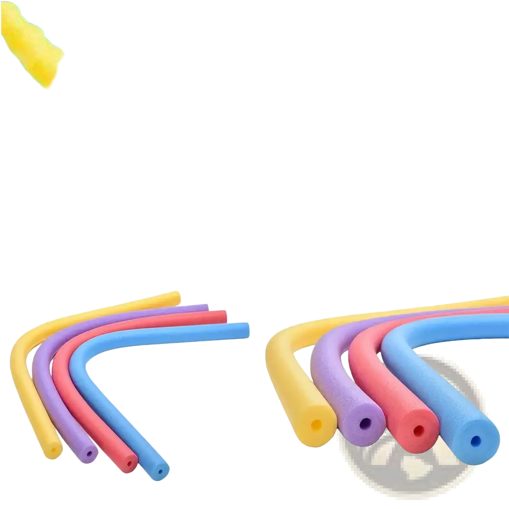 Brightly colored yellow purple red and blue flexible foam pool noodles for swimming kids float aid