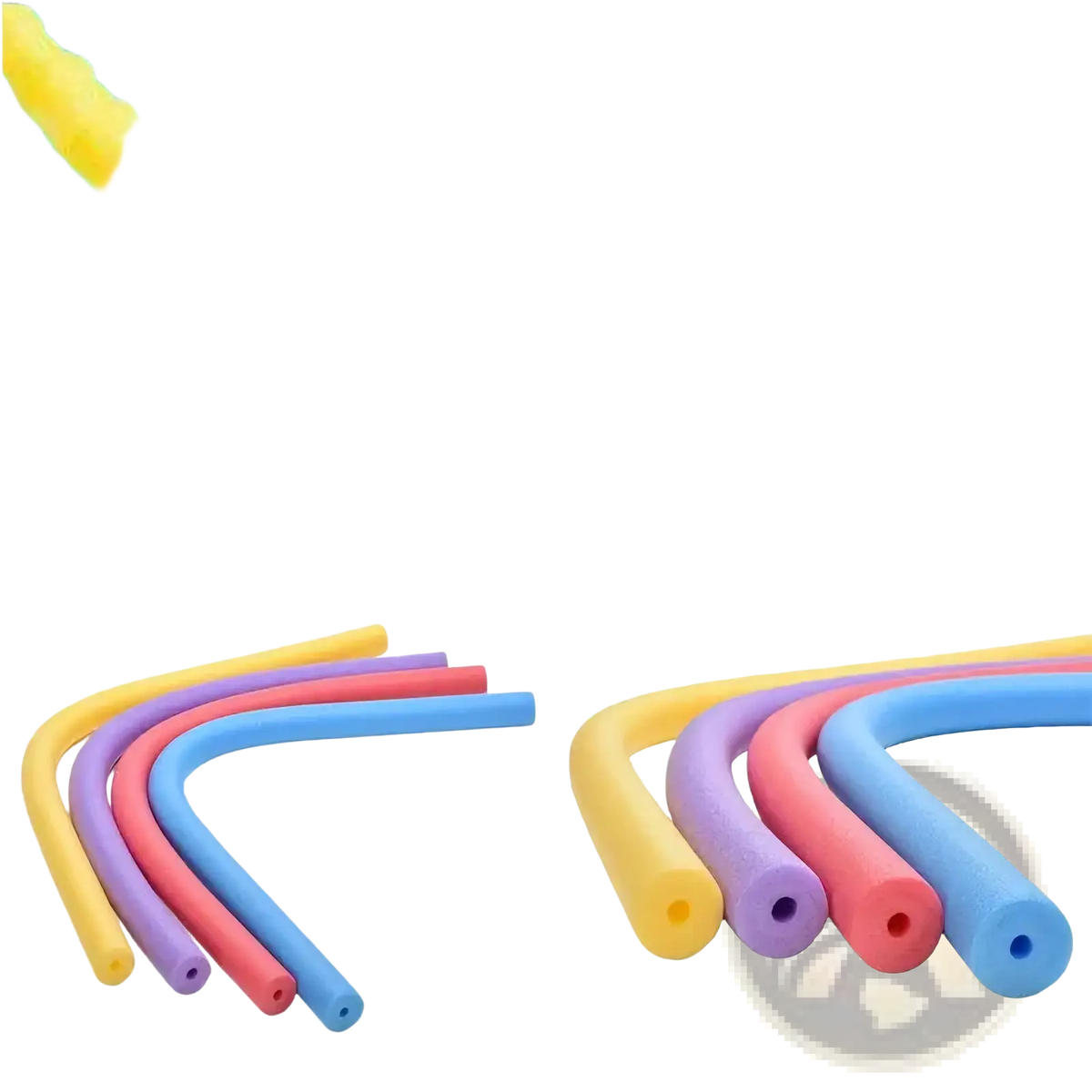 Brightly colored yellow purple red and blue flexible foam pool noodles for swimming kids float aid