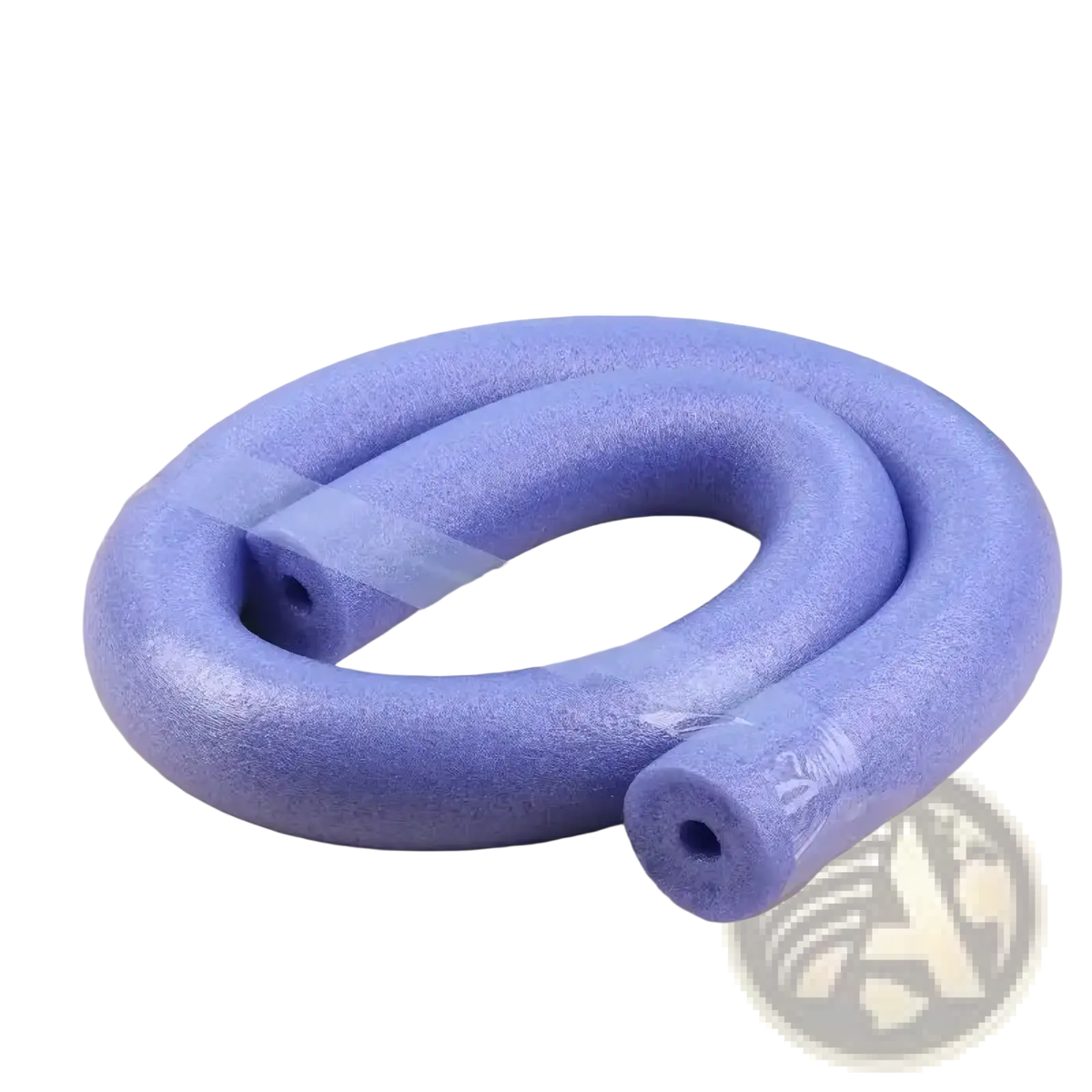 A coiled light purple foam pool noodle with textured surface and hollow center for swimming kids float aid