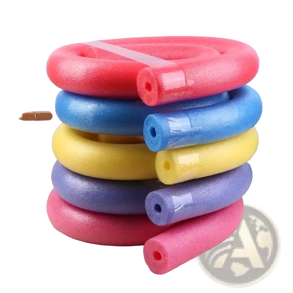 Stack of colorful foam pool noodles in red blue yellow purple and pink for kids swimming float aid product