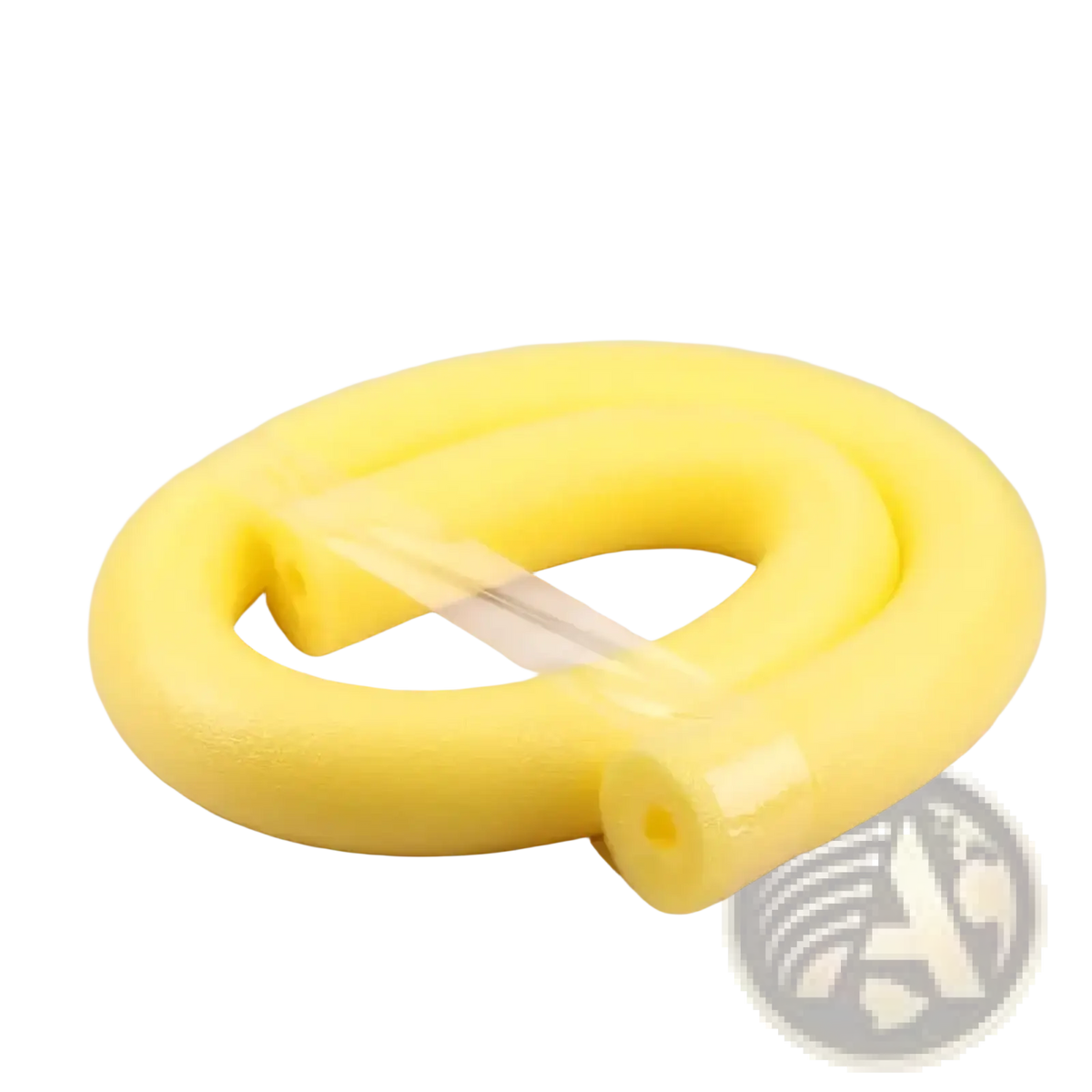 A bright yellow flexible foam pool noodle with smooth glossy surface and rounded ends for swimming kids float aid