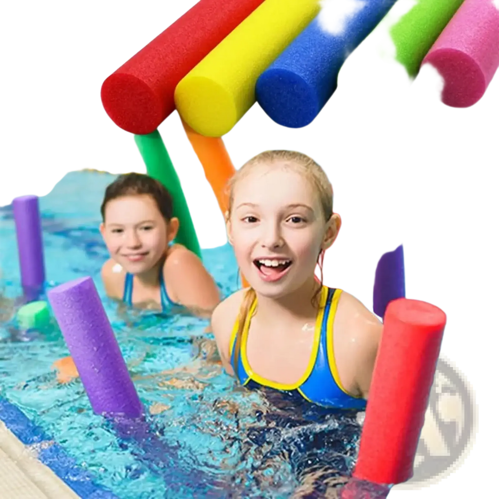 Brightly colored cylindrical foam pool noodles in red yellow blue green and purple used as buoyancy floating aids