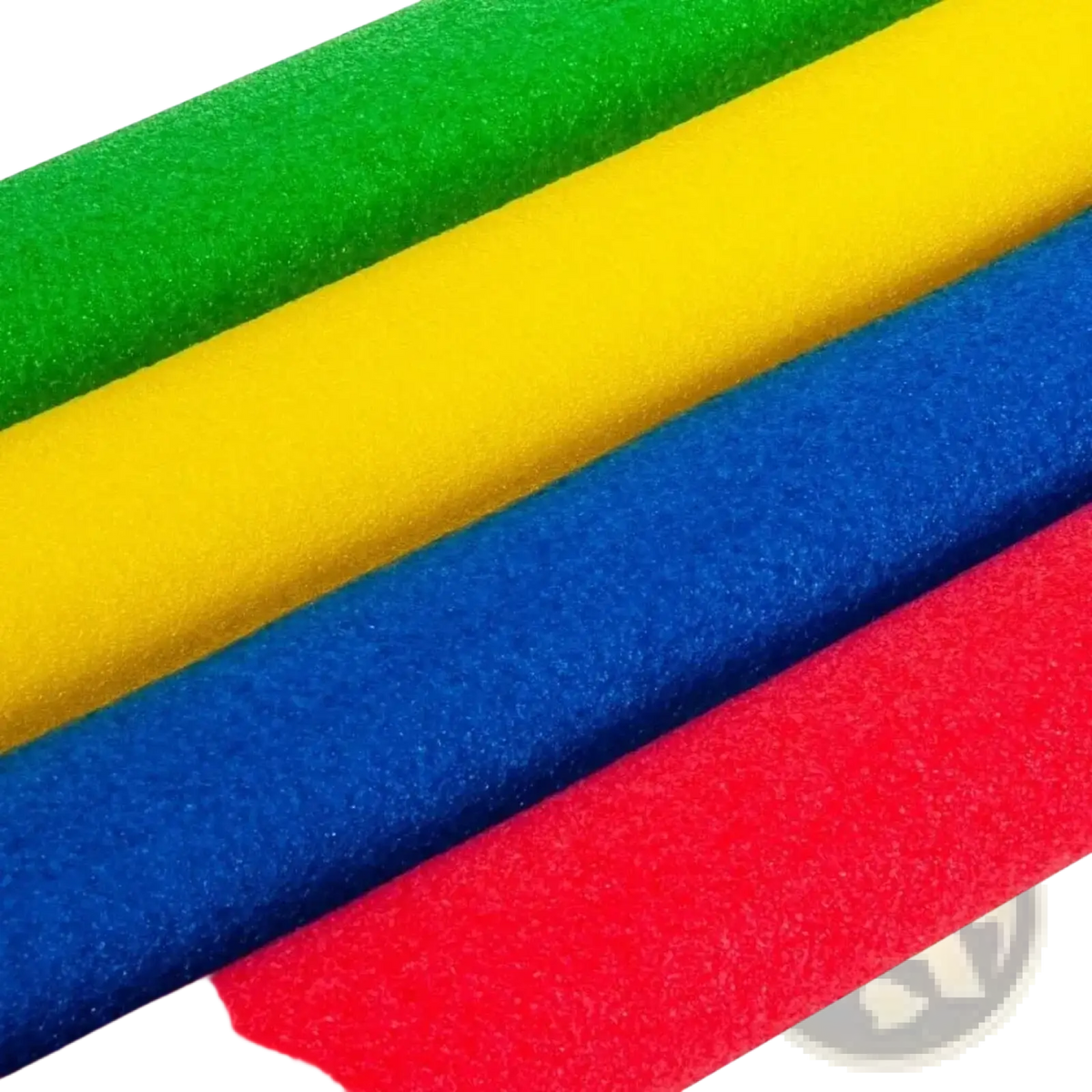 Brightly colored green yellow blue and red pool noodle foam floating aid buoyancy sticks made of foam