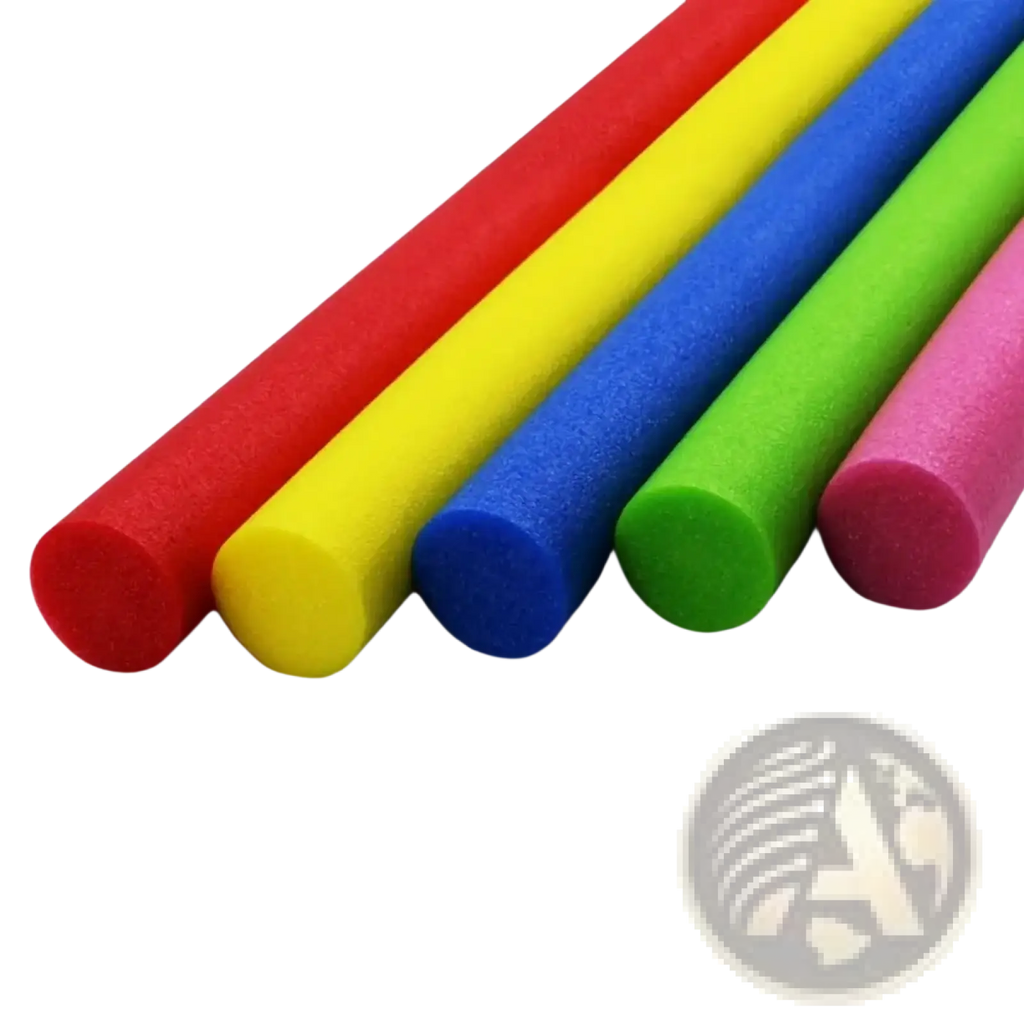 Five brightly colored cylindrical foam pool noodles in red yellow blue green and pink for floating buoyancy aid