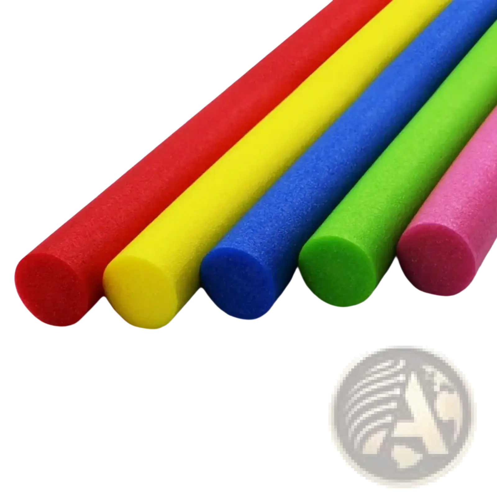 Five brightly colored cylindrical foam pool noodles in red yellow blue green and pink for floating buoyancy aid